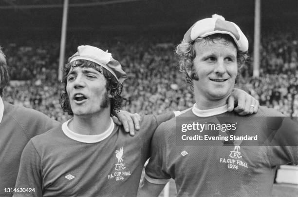 Liverpool footballers Kevin Keegan and Alec Lindsay after their 3-0 win in the 1974 FA Cup Final against Newcastle United at Wembley Stadium in...
