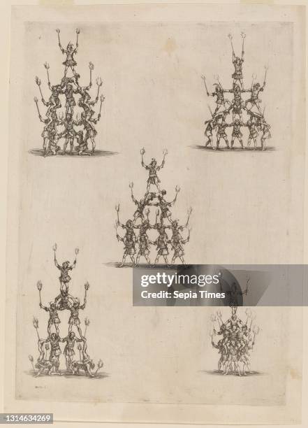 Stefano Della Bella, , Florentine, 1610 - 1664, Pyramids of Jugglers, La gara delle Stagioni, etching on laid paper, plate: 32.5 x 23.2 cm , sheet:...