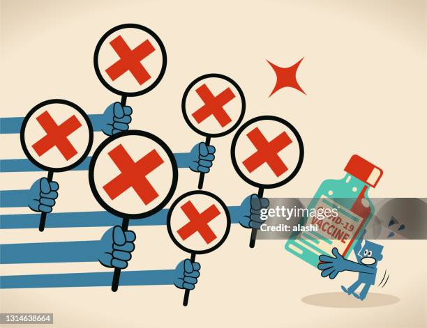 anti-vaccination concept, a blue man carrying a big covid-19 vaccine bottle gets rejected (many hands showing the letter x red cross sign) - suspicion stock illustrations