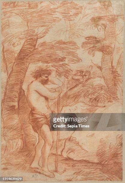 Andrea De Leone, , Neapolitan, 1610 - 1685, Standing Shepherd in a Landscape, 1630s, red chalk on laid paper paper, Overall: 36.5 x 25 cm , support:...