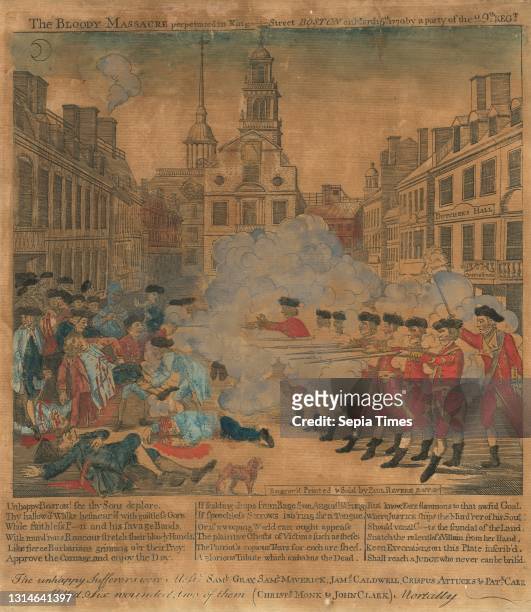 Paul Revere, , American, 1735 - 1818, Henry Pelham, , American, 1749 - 1806, The Boston Massacre hand-colored engraving, image: 20 × 21.91 cm ,...