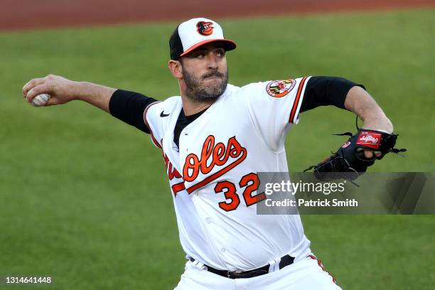 Starting pitcher Matt Harvey of the Baltimore Orioles works the first inning against the New York Yankees at Oriole Park at Camden Yards on April 26,...