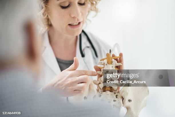 bijgesneden schot van een aantrekkelijke jonge vrouwelijke chiropractor die haar diagnose aan een mannelijke patiënt verklaart die een modelskelet gebruikt - osteopathie stockfoto's en -beelden