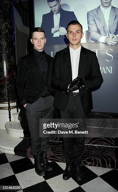 Adam Anderson and Theo Hutchcraft of 'Hurts' attend a party hosted by Emporio Armani to celebrate their final performance on their European Tour at...