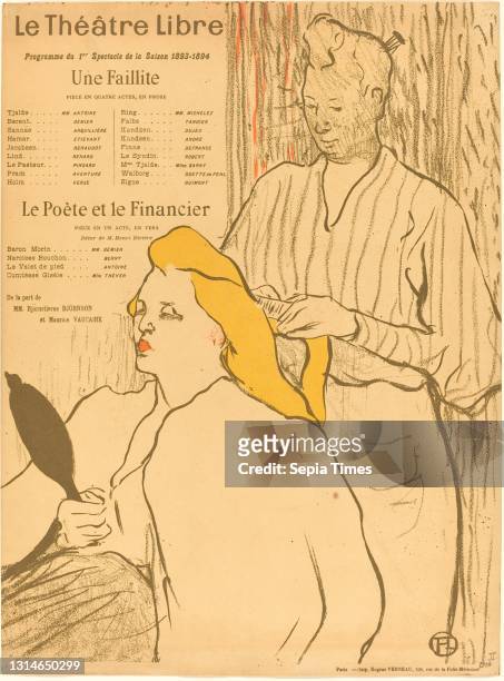 Henri de Toulouse-Lautrec, , French, 1864 - 1901, The Hairdresser - Program for the Theatre-Libre lithograph in green-black, yellow, and red.