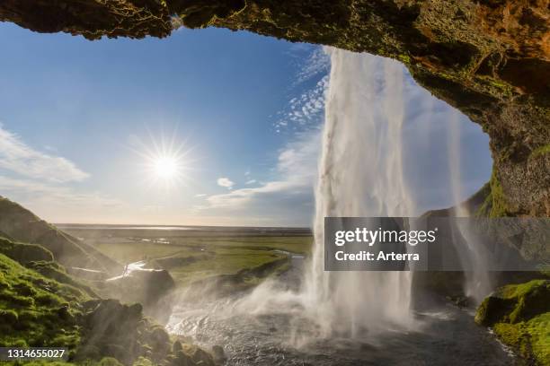 Seljalandsfoss waterfall, part of the Seljalands River in summer, South Region, Iceland.