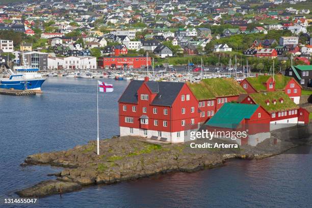 View over Tinganes showing government buildings in the the capital city Torshavn of the Faroe Islands / Faeroe Islands on the island Streymoy.