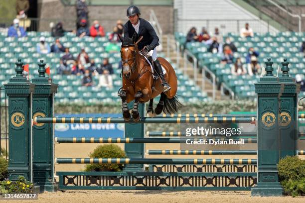 Phillip Dutton atop Z competes during the Stadium Jumping Phase of the Land Rover Kentucky Three-Day Event at Kentucky Horse Park on April 25, 2021...