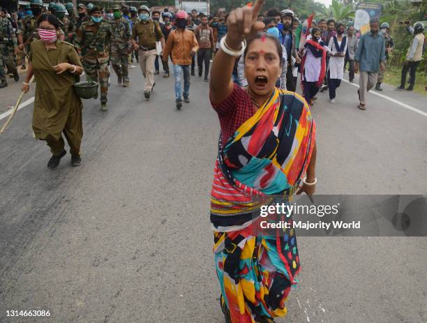 Protesters getting involved in a clash with police on the National highway 8, at Panisagar. Violent confrontations broke out between the anti-Bru...