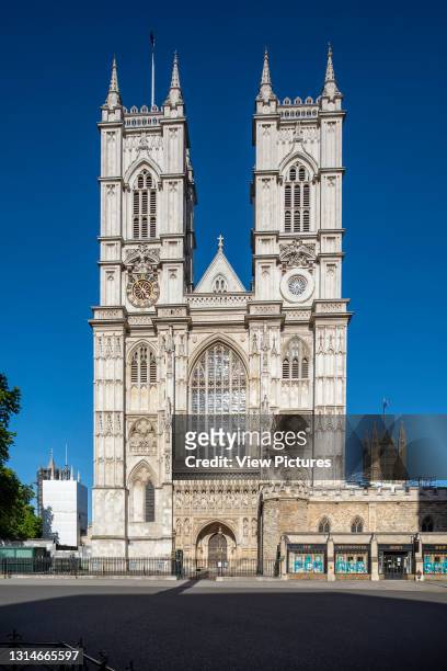 Axial view of western towers and main entrance. Westminster Abbey, Westminster, United Kingdom. Architect: Various, 1745.