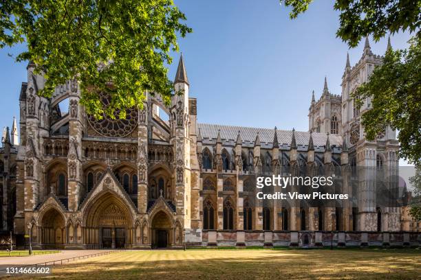 View of north elevation through trees. Westminster Abbey, Westminster, United Kingdom. Architect: Various, 1745.