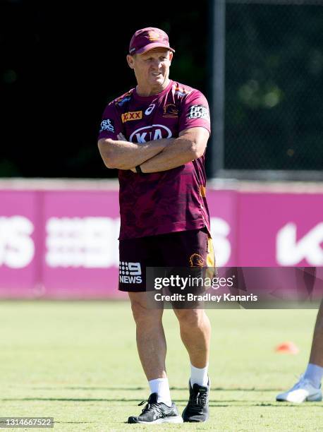 Coach Kevin Walters watches on during a Brisbane Broncos NRL training session at the Clive Berghofer Centre on April 27, 2021 in Brisbane, Australia.