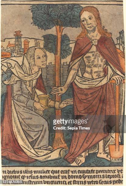 French 15th Century, , Christ Appearing to Mary Magdalene, c. 1500, woodcut, hand-colored in maroon, orange, yellow, blue-green, mauve, and flesh;...