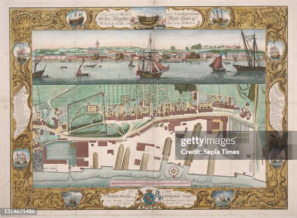 At Woolwich with part of the Town, Pierre Charles Canot, ca. 1710–1777, French, active in Britain, after T. & I. Milton, 18th century Color engraving.