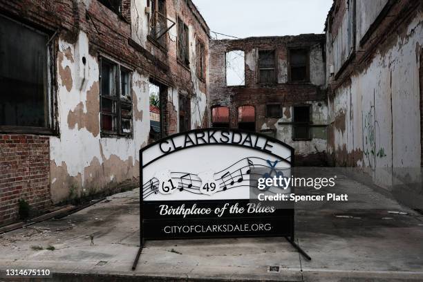 Sign welcomes visitors to the town on April 26, 2021 in Clarksdale, Mississippi. So far, 23 percent of Mississippians are fully vaccinated, and the...