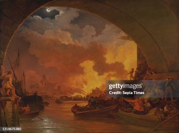 The Great Fire of London, Philippe-Jacques de Loutherbourg, 1740–1812, French, active in Britain , ca. 1797, Oil on canvas, Support : 23 5/8 x 32...