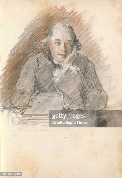 Head and Shoulders of a Man Seated at a Table, Resting His Head on His Left Hand, Thomas Patch, 1725–1782, British, 1760s, Black chalk and red chalk...