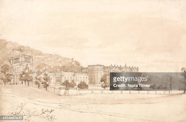 Chatsworth House, Derbyshire, William Henry Bartlett, 1809–1854, British, between 1823 and 1830, Pen and brown ink and brown wash over graphite on...