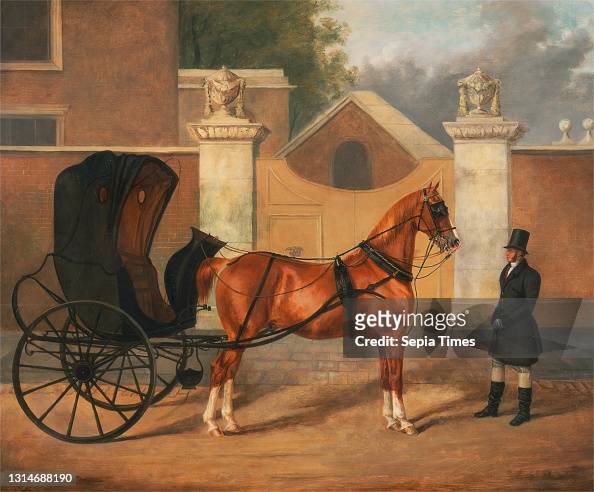 Gentlemen's Carriages: A Cabriolet, Charles Hancock, 1802–1877, British, between 1820 and 1830, Oil on canvas, Support (PTG): 25 x 30 inches (63.5 x 76.2 cm), animal art, breeches, bridle, buildings, cabriolet, carriage, columns (architectural elements),