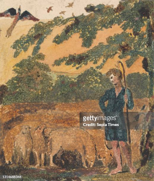 The Shepherd, from Songs of Innocence, William Blake, 1757–1827, British, ca. 1795, Color-printed relief etching with pen and black ink and...