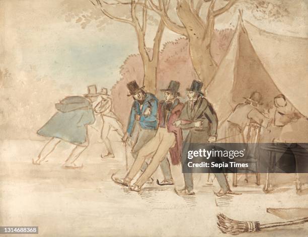 Skating in the Park, John James Chalon, 1778–1854, French, active in Britain, undated, Sepia wash and watercolor on moderately thick, moderately...