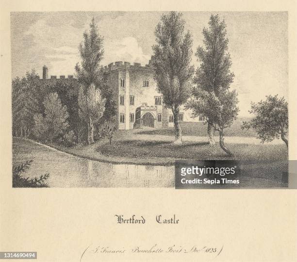 Hertford Castle, Print made by J. Francis Bouchelle, active 1823 Lithograph on moderately thick, slightly textured, beige wove paper, Sheet: 10 5/8 x...