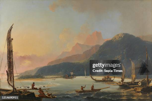 View of Matavai Bay in the Island of Otaheite Tahiti, William Hodges, 1744–1797, British Oil on canvas, Support : 36 x 54 inches , bay, boats,...