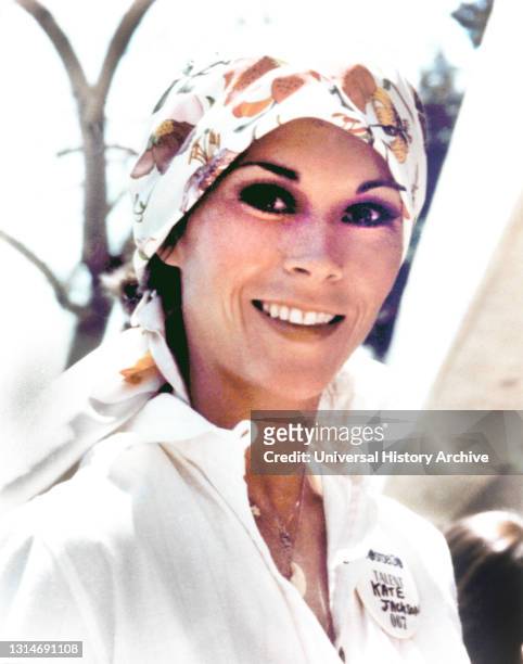 Actress Kate Jackson, Head and Shoulders wearing Headscarf, late 1980's.