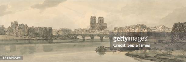 View of the Pont de la Tournelle and Notre Dame Taken From the Arsenal, Thomas Girtin, 1775–1802, British Soft ground etching with gray, green, and...