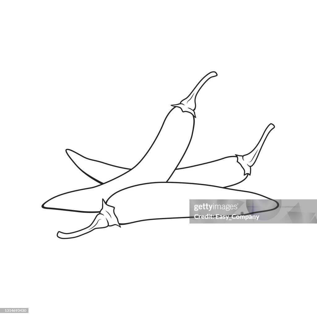 Vector illustration of chili isolated on white background. Black and White for coloring. Organic vegetables and fruits cartoon concepts. Education and school material, kids coloring page, printable, activity, worksheet, flash card.