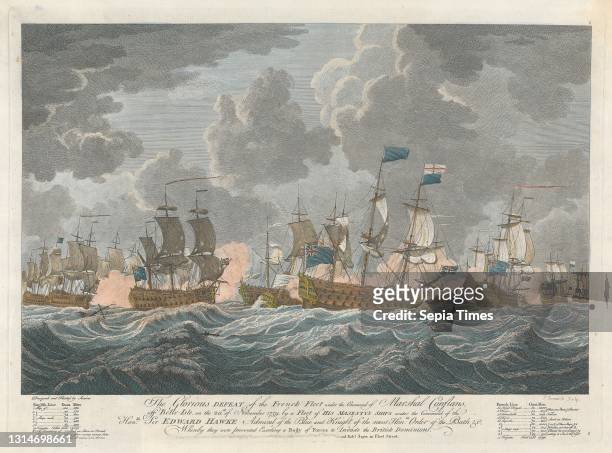 The Glorious Defeat of the French Fleet under the Command of Marshal Conflans, off Belle-Isle, on the 20th of November ..., Print made by Peter P....