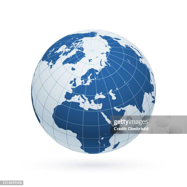 earth globe focusing on north hemisphere and prime meridian. africa, asia, europe, north pole, greenland. - arctic stock illustrations