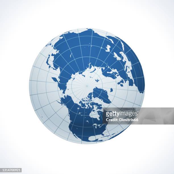 illustrazioni stock, clip art, cartoni animati e icone di tendenza di globo terrestre, vista polo nord. - globo terrestre