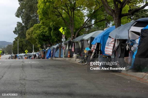 Veterans live in tents displaying the American flag along an empty San Vicente Boulevard amid the coronavirus pandemic on April 21, 2021 in Los...