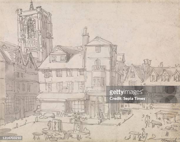 Norwich Market Place, Thomas Rowlandson, 1756–1827, British, undated, Pen and gray-brown ink, and wash over graphite; verso: pen and gray brown ink...
