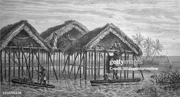 Pile huts of the Goajiro Indians in the lake of Maracaibo, Venezuela, in 1870 / Pfahlhütten der Goajiro-Indianer im See von Maracaibo, Venezuela, im...