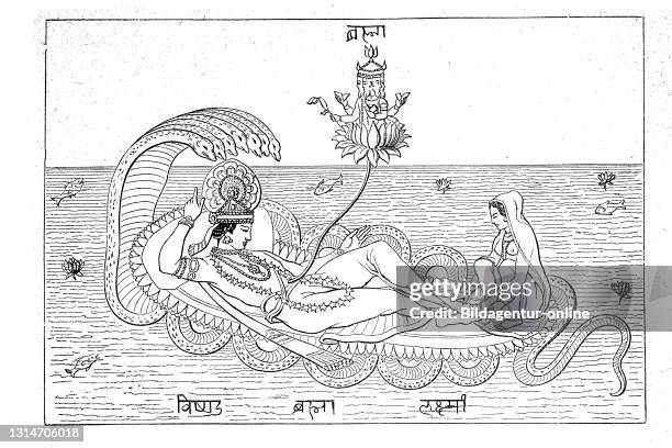 Indian religion, Vishnu and Lakshmi on the snake Anata, with Brahma emerging from the lotus flower / Indische Religion, Wischnu und Lakschmi auf der...