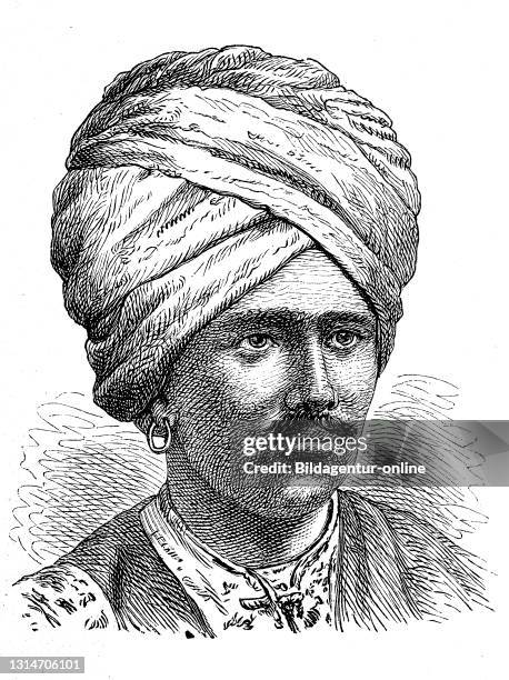 Types of Asian peoples, man from Dravidian people / Typen asiatischer Völker, Mann vom Volk der Draviden, Illustration aus 1881, Historisch,...
