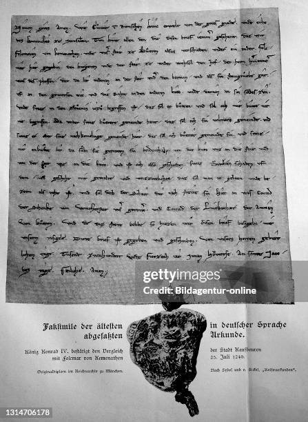 Facsimile of the oldest document written in German, King Konrad IV confirms the settlement of the town of Kaufbeuren with Folcmar von Kemenathen,...