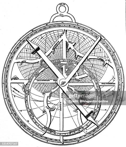 Astrolabium, altes Instrument zur Bestimmung von Länge und Breite der Sterne, nach Regiomontanus, Johann Müller, Mathematiker, Astronom und Verleger...