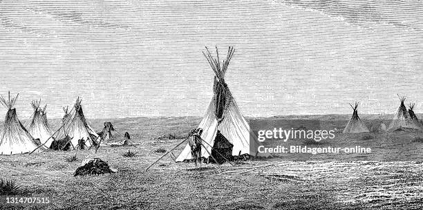 Indian village with teepees in the Northwest of America, in 1880 / Indianerdorf mit Tipis im Nordwesten von Amerika, im Jahre 1880, Historisch,...