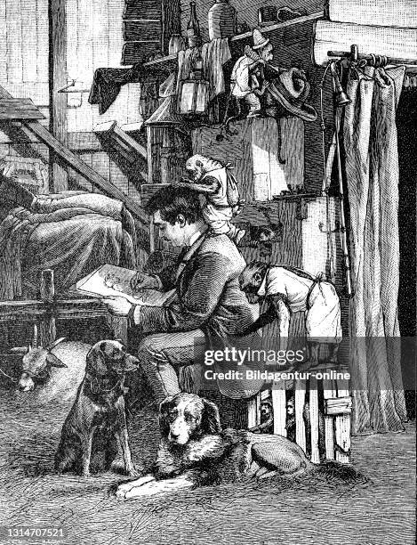 In monkey theatre, theatre, circus, dogs, monkeys dressed as humans, illustration from 1887 / Im Affentheater, Theater, Zirkus, Hunde, Affen als...