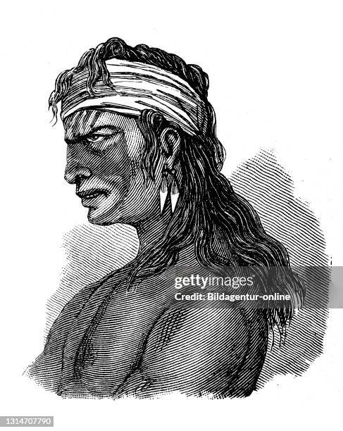 Indian, here a man from Patagonia, South America, illustration from 1880 / Indianer, hier ein Mann aus Patagonien, Südamerika, Illustration aus 1880,...