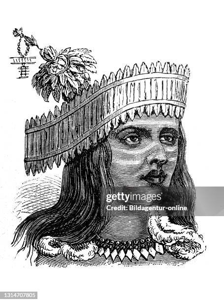 Native American, here a man with feather ornament from California, America, illustration from 1880 / Indianer, hier ein Mann mit Federschmuck aus...