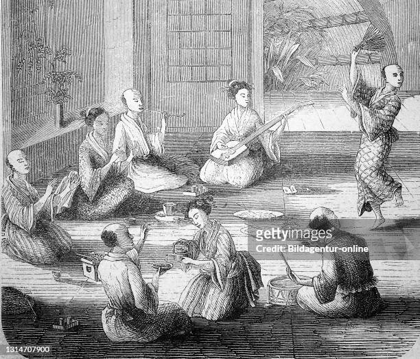 Japan in the late Middle Ages, tea party with musicians and dancer, illustration from 1870 / Japan im späten Mittelalter, Teegesellschaft mit...