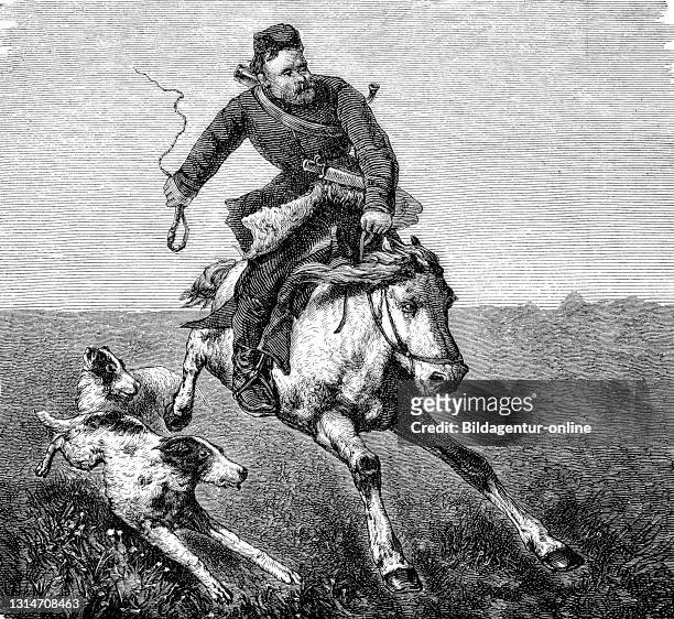 Don Cossack, former military farmer, on horseback with hunting dogs, 1860 / Ein Donkosake, ehemaliger Wehrbauer, auf dem Pferd mit Jagdhunden...