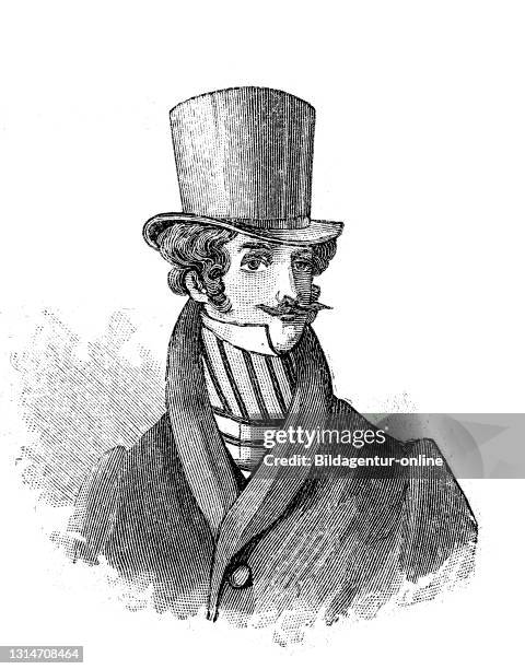 Hat fashion and beard fashion of men in England in 1825 / Hutmode und Bartmode der Männer in England im Jahre 1825, Historisch, historical, digital...