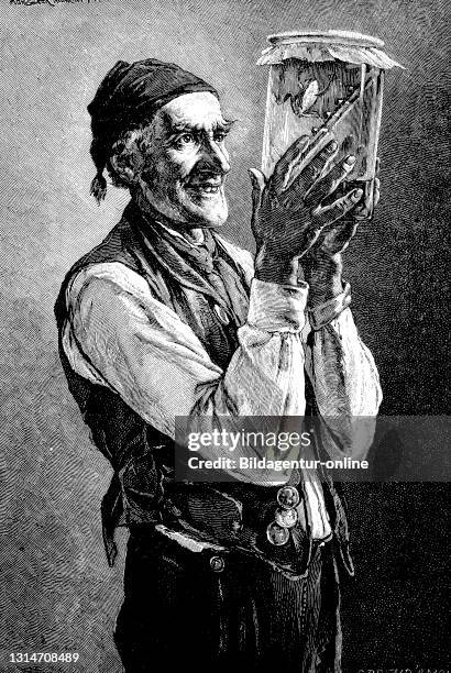 Old man holding a glass with a weatherman and predicting good weather, Germany, 1887 / Alter Mann hält ein Glas mit einem Wetterfrosch und prophezeit...
