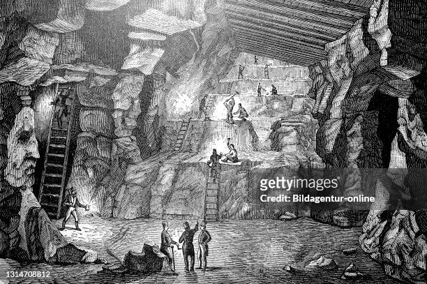 Inside a mine, mining / Im Inneren eines Bergwerk, Abbau eines Stockes, Historisch, historical, digital improved reproduction of an original from the...