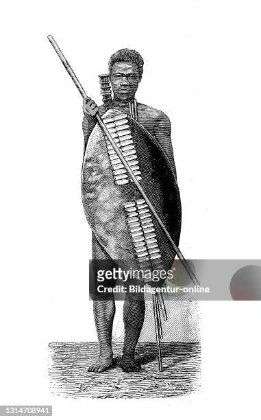 Types from the Zulu kingdom in South Africa, around 1875, an unmarried warrior / Typen aus dem Reich der Zulus in Südafrika, um 1875, ein...